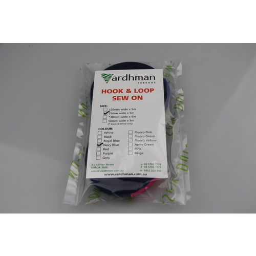 SEW-ON Hook and Loop 25mm x 5m Prepackaged lengths. [colour: Navy]