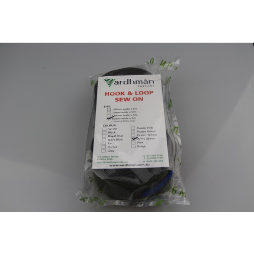 SEW-ON Hook & Loop ARMY GREEN 50mm x 5mt Prepackaged lengths