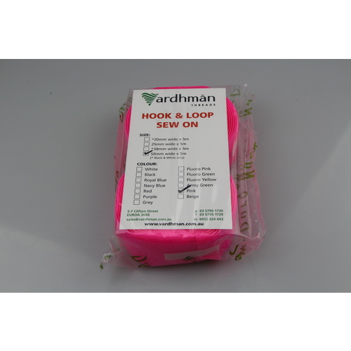 SEW-ON Hook & Loop FLURO PINK 50mm x 5mt Prepackaged lengths