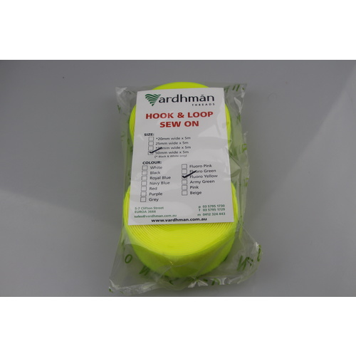 SEW-ON Hook & Loop FLURO YELLOW 50mm x 5mt Prepackaged lengths