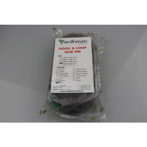 SEW-ON Hook & Loop GREY 50mm x 5mt Prepackaged lengths